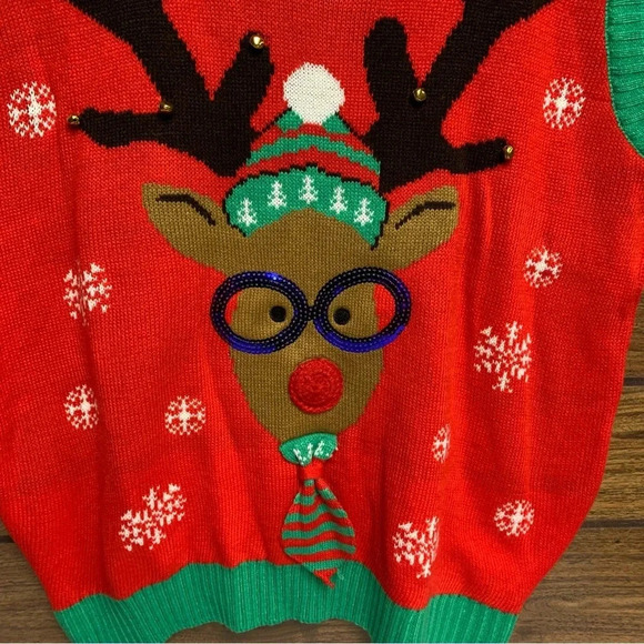 Merry Christmas sweater vest size XL reindeer with bells super festive - Picture 3 of 5